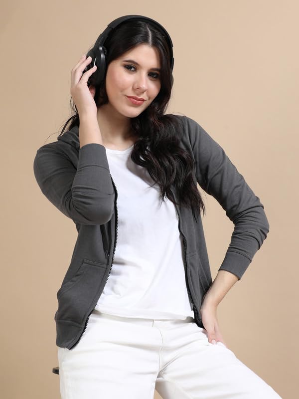 Image of Wafaa Women's Cotton Plain Hooded Neck Full Zipper Sweatshirt Hoodies with Kangaroo Pocket