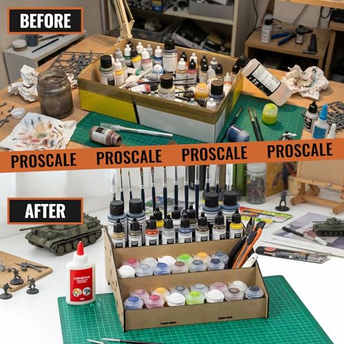 Image of PROSCALE Universal Paint Organizer Rack for Miniatures Modeling Paint Holder for all kind of Bottles + Brush /Tool Slots Compatible with Citadel, Vallejo, Army Painter, Tamiya, others (Module B)