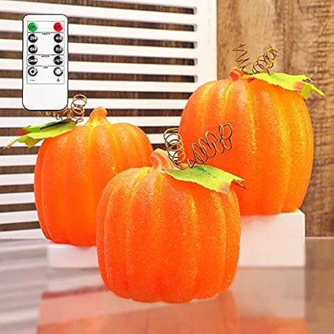 Crystal Club Fall Pumpkin Flameless Candles: Set of 3 Realistic Candles, Remote Control & Battery Operated Glittering LED Candles Flickering with Timer for Fall Halloween Decorations, Home Decor Cover