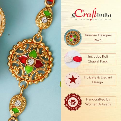 Image of eCraftIndia Red Blue Round Designer Rakhi for Brother Bhaiya Bhai | Roli Chawal Pack | Rakhi Combo