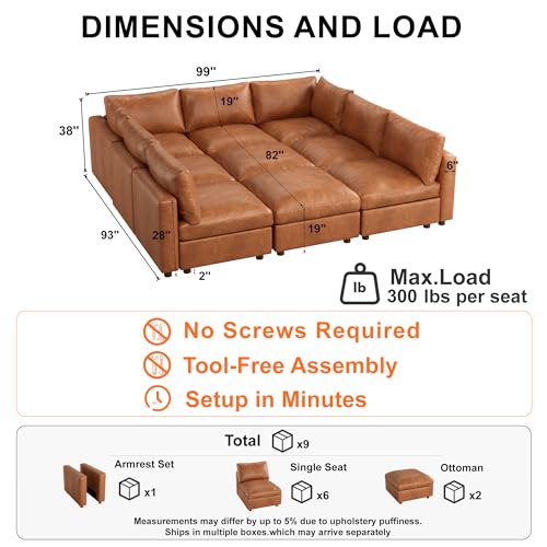 Image of 99'' Faux Leather Modular Sectional Sofa Bed Sleeper with Storage, Oversized Mid Century Modern Leather Sectional Couche for Living Room, 7 Seater Deep Seat Couch with 2 Storage Ottoman, Camel