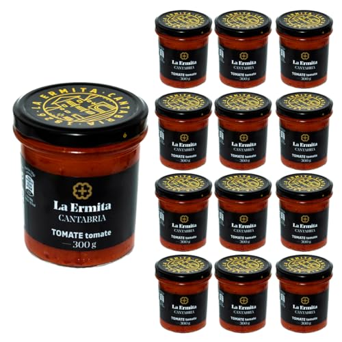 LA ERMITA Salsa de Tomate, Con 80% Tomate Natural, Cebolla, Ajo y Aceite de Oliva, Sin Conservantes ni Gluten, Tarro de Vidrio 300 g (Pack 12 unidades)