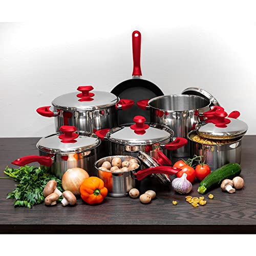 Ybm Home 7 Quart Commercial Grade 18/10 Stainless Steel Stockpot With Cover Lid, Induction Stovetop Compatible Cookware With Encapsulated Aluminum Core, Red #TOP1
