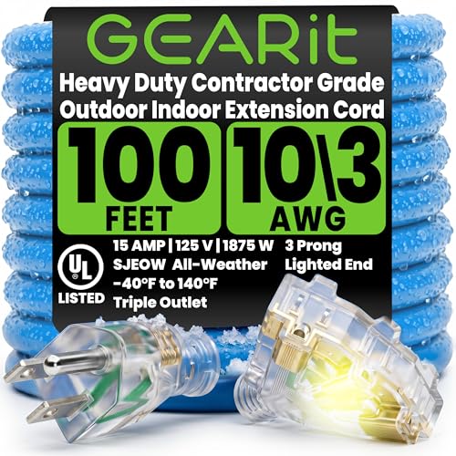 GEARit 100 ft Outdoor Extension Cord 10/3 Gauge SJEOW 10 AWG, Heavy Duty 3-Prong Power Cable with Triple Outlet Lighted End, 15A 125V 1875W, Waterproof Cord for Tools & Garden, Blue