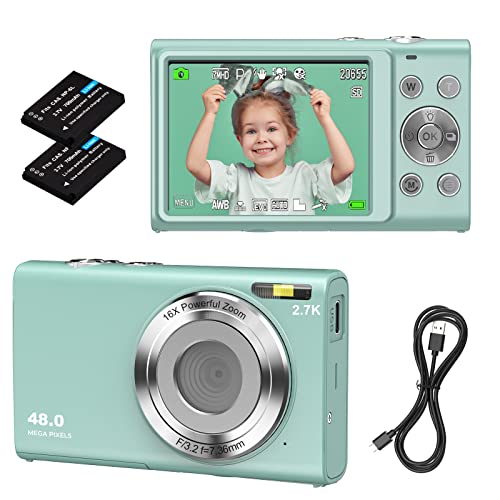 Cámara digital, enfoque automático Vlogging Cámara FHD 2.7K 48MP con pantalla grande de 2.8 pulgadas, zoom digital 16X, adultos, principiantes (verde)