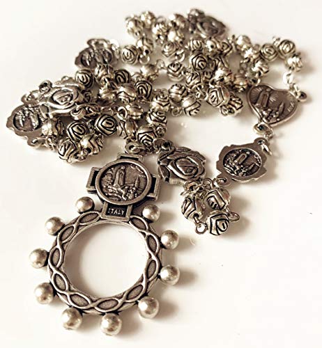 elegantmedical HANDMADE vintage silver rose beads Catholic OUR LADY OF FATIMA Rosary Necklace Cross Gift Box Italy crucifix