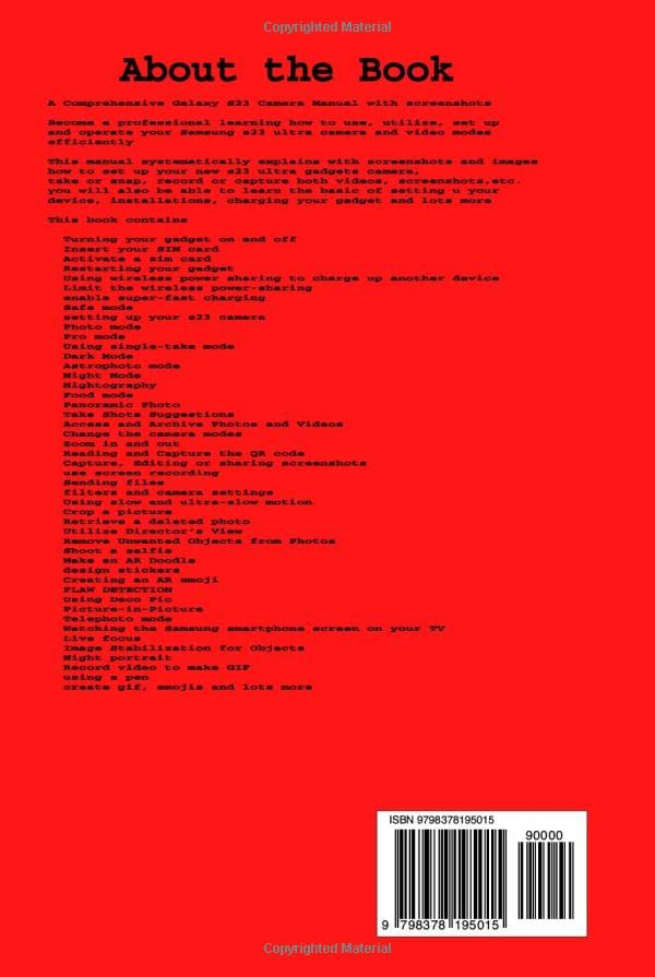 Back cover of the Samsung Galaxy S23 Ultra Camera User Guide book, showing a barcode and ISBN.