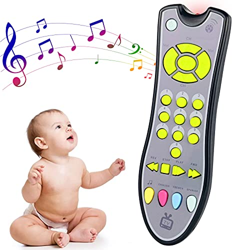 APSUAE Baby TV Remote Control Toy with Light and Sound Realistic Musical Learning Toddler Toys with English, French and Spanish Developmental Infant Gifts for Girls Boys
