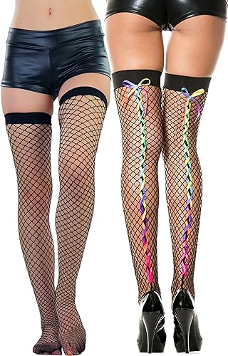 Image of ToBeInStyle Women's Lace Up Back Seam Tights Sheer or Opaque Hosiery Stockings Crisscross Lace Ribbon Zigzag Design