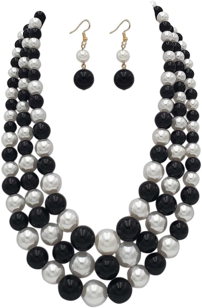 Rosemarie & Jubalee Women's 3 Colorful Multi Strands Simulated Pearl Necklace And Earrings Jewelry Gift Set, 18"+3" Extender