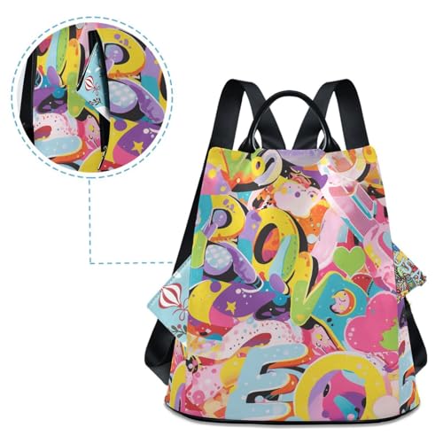 KLL Graffiti Artwork Colorful Letters Fashion backpack for college trendy backpack for women with for Travel, Work, Everyday with Pom-pom keychain4