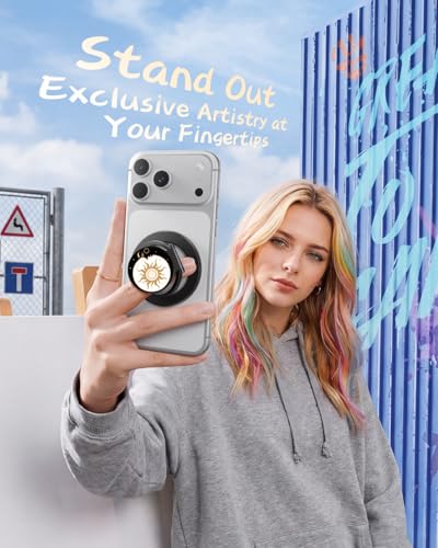 Image of SUPERONE Upgraded Magnetic Phone Grip Sun, Removable Gym MagSafe Kickstand, Dual-Sided Magnet Phone Ring Holder for iPhone 17 /16 /15 /14 /13 /12, Compatible with Magnetic Car Mount- Sun and Moon Pattern