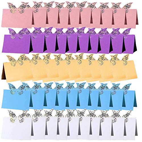 50 Tarjetas de Asiento Mariposa, Tarjetas de Lugar, Tarjeta de Lugar de Mariposa Cortada con Láser, para Decoración de Fiestas, Reuniones, Suministros de Boda (5 Colores) Cover