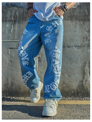 Men's Letter Patch Jeans High Waisted Wide Leg Denim Pants Goth Jeans with Pockets Streetwear3