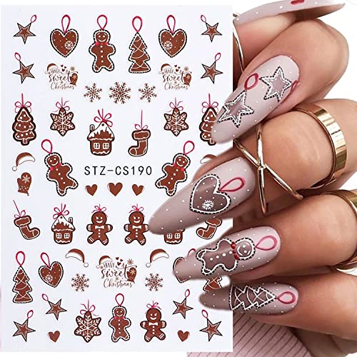 5 Sheets Christmas Nail Art Stickers Decals Gingerbread Man Nail Stickers Christmas Nail Decorations 3D Self Adhesive Slider Snowflake Xmas Elk Gingerbread man Nail Designs for Women Girls (Cute Xmas)