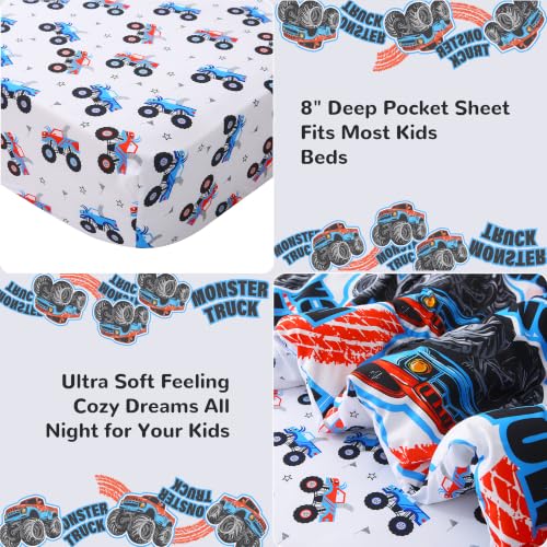 Image of Viviland Toddler Comforter Sets, 4 Pieces Bedding Sets, Monster Truck | Microfiber Truck Bed Set, Boys, Breathable & Soft, Comforter, Bed Sheet, Fitted Sheet and Pillowcase, Machine Washable