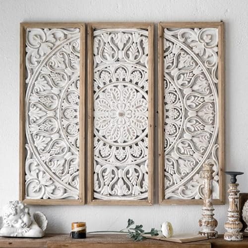Image of Urbane Crafts Wooden Wall Hanging Decorative Sculpture with Floral Carving Set of 3 Wall Decor for Internal Walls Antique Decor Rustic Look Wood Art for Home Kitchen Bedroom Bathroom Office Restaurant Library