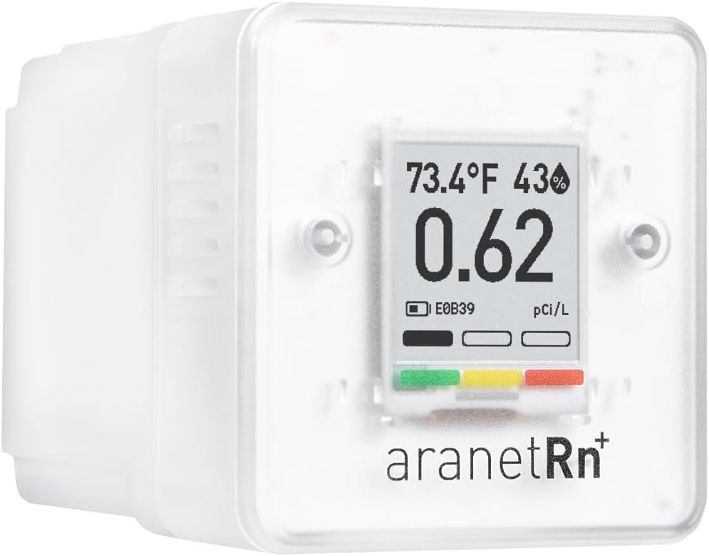 - SAF Aranet Radon Detector for Home: 10-Min Measurement, Temperature, Relative Humidity, Pressure, E-Ink Display, 7-Year Battery, Portable with Free App, Bq/m3 & pCi/L Selectable
