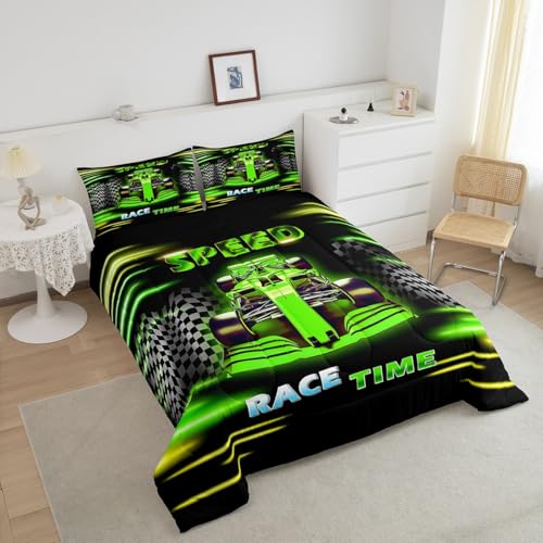 Image of Feelyou Kids Ombre Race Car Comforter Set Queen Size, Racing Sports Duvet Insert Boys Girls Karting Road Bedding Set Teens Bedroom Decor Microfiber Bed Set