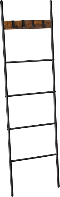 VASAGLE LLS016B01 Towel Ladder Shelf with 5 Levels 44 x 160 cm Space Saving Metal Frame 4 Hooks Industrial Style Vintage Brown/Black