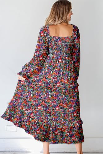 Image of Dokotoo Boho Dresses for Women 2025 Casual Floral Square Neck Long Sleeve Smocked Elastic Waist Tiered Ruffle Hem Maxi Dress