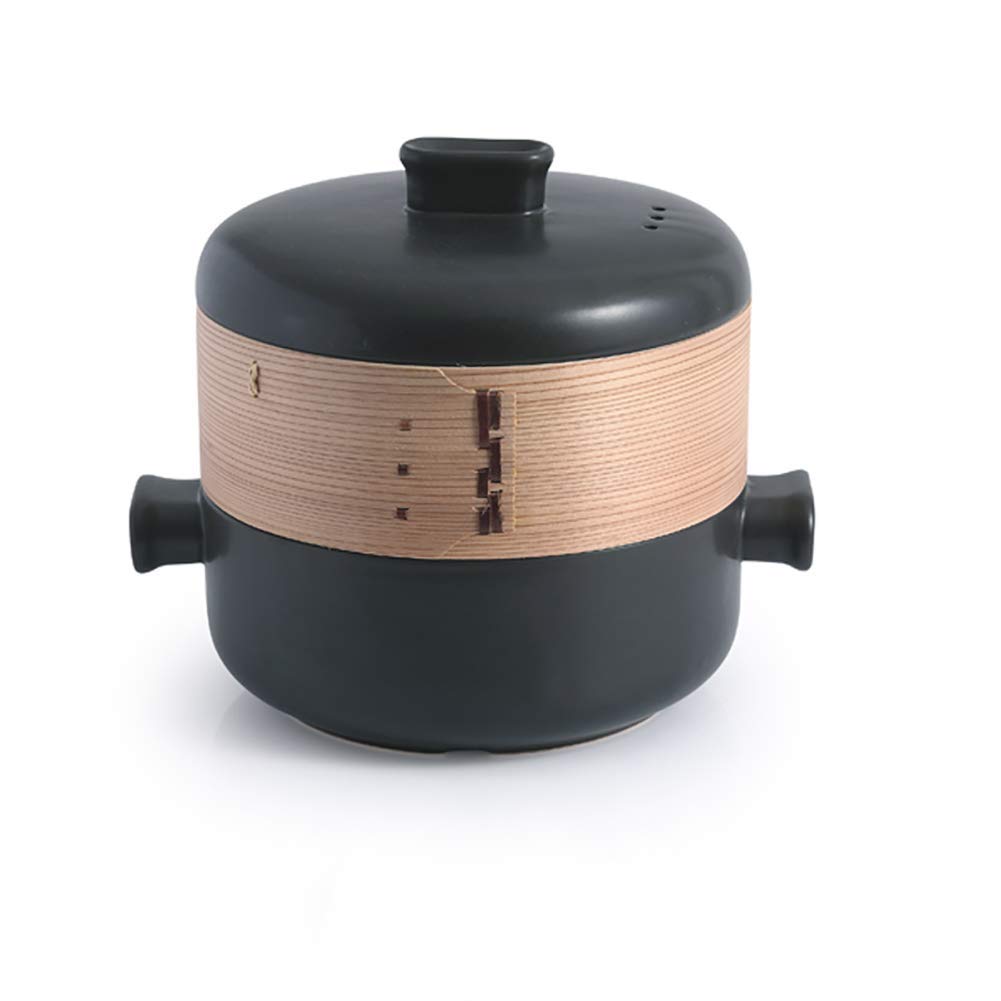 Casseruola in Ceramica con Coperchio a Gabbia di Vapore e Due Manici pentole in Terracotta impilabili Resistenti al Calore Nere 1,58 Quart (Nero 1,58 Quart)
