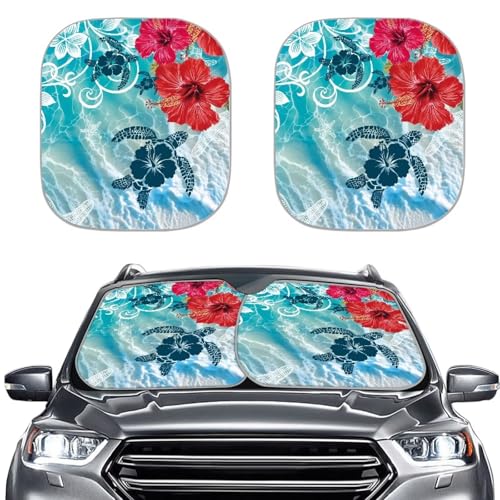 Image of Hibiscus Turtle Windshield Sun Shade Foldable 2 PCS Sunshade Visor Car Windshield Sunshades Easy Installation Front Window Sun Shade Blocks UV Rays and Keeps Your Vehicle Cool