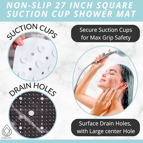 Image of ENKOSI Square Shower Mat 27x27 inch - Anti Slip Shower Stall Floor Mat - Non Slip Shower Mats with Strong Secure Suction Cups and Drain Holes in Middle (27x27 Marble Black)