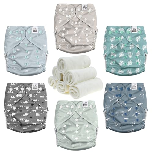 Image of Mama Koala 3.0 Pocket Diapers for Babies with Suede Cloth Lining, 6 Pack with 6 4-Layer Natural Cloth Diaper Inserts - Reusable and Washable Pocket Diapers(S-The Gray Sky)