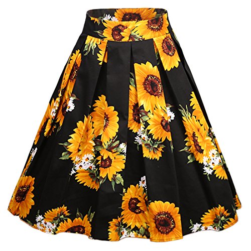 Dressever Women's Vintage A-line Printed Pleated Flared Midi Skirts Sunflower XX Large