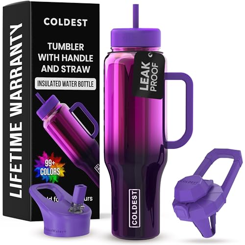 Image of Coldest Tumbler with Handle and Straw - 100% Spill Proof Tumbler with Straw (3 Lids) - Stainless Steel Insulated Leakproof Tumblers for Women & Men - Cup Holder Friendly - 46 oz (Purple Nova)