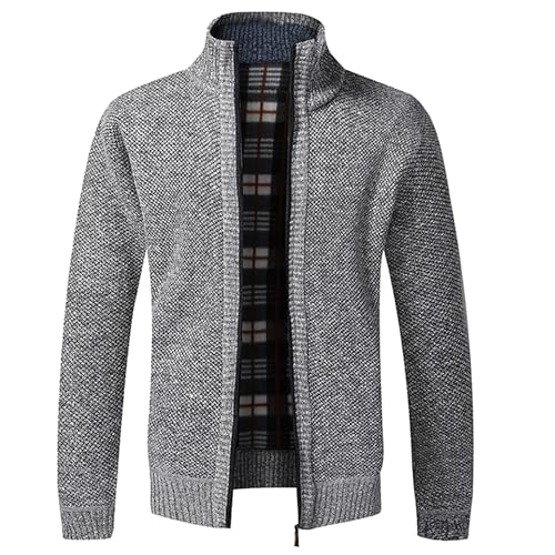 Men's Slim Fit Zipped Knitted Cardigan Classic Casual Long Sleeve Stand Collar Sweater Fleece Lined Warm Outwear (Lightgrey1b,XX-Large)