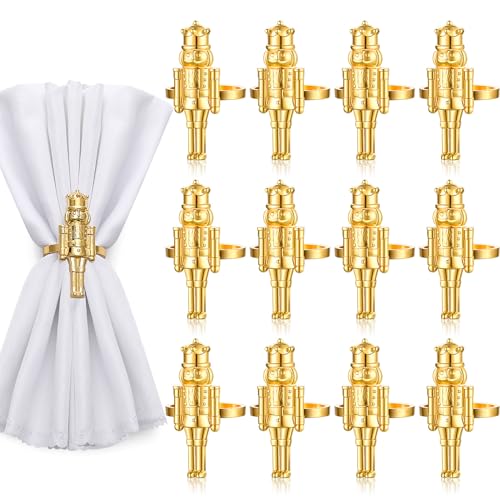 Suttmin Christmas Nutcracker Napkin Rings Set of 12, Napkin Rings Metal Napkin Holders for Christmas Decoration Holiday Dinners Parties Wedding Valentine's Day (Gold)