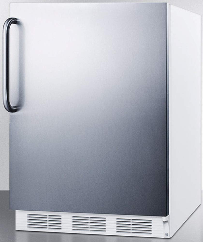 Summit Appliance CT661WSSTB 24" Wide Refrigerator-Freezer; 5.1 cu.ft.; Cycle Defrost; Clear Crisper; Stainless Steel Wrapped Door; Professional Towel Bar Handle and White Cabinet on Fridge.com