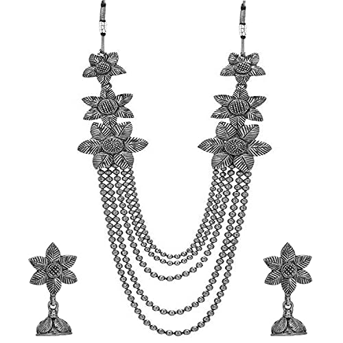 Image of Om Jewells Oxidised Silver Plating Alloy and Floral Multistrand Necklace Set And Temple Choker Necklace Set for Women & Girls (Silver)