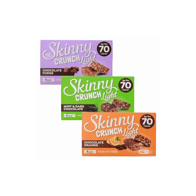 Guilt Free Low Fat Snack Bars 3 Flavour Variety Pack - with Skinny Crunch Mint, Orange & Salted Caramel Cereal Bars 15 x 19g - Indulgent Low Calorie Snack Bars Healthy Treats for Anytime Cravings