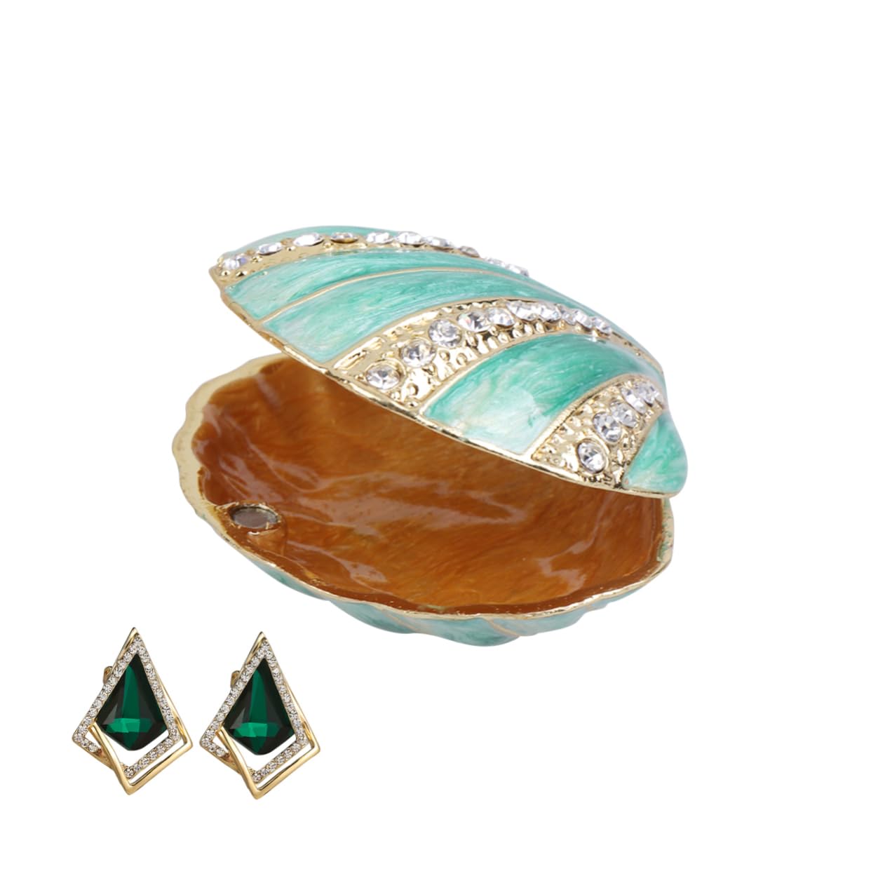 2piezas Caja De Joyería De Aleación De Enamel Forma De Concha Retro Organizador De Anillos y Accesorios Almacenamiento Compacto Para Mujeres Verde