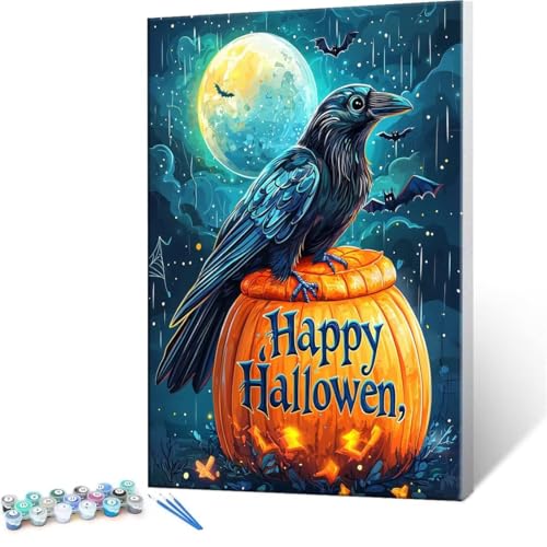 Pintar por Numeros Adultos, DIY Calabaza Cuervo Painting by Numbers Kits Cuadros por Numeros, Pintura de Bricolaje Sobre Lienzo con Pinceles Decoración para el Hogar Regalo 20x30cm sin marco A-253