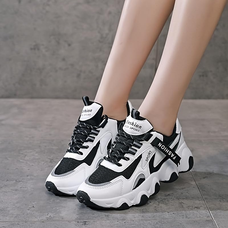 Women's Colorblock Lace-Up Sneakers, Non-Slip Low Top Shoes Casual Breathable Walking Sporty Shoes with Thick Soft Sole3