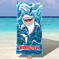 SearchI Personalised Beach Towel with Name 150x75cm,Custom Bath Towels with Name for Swimming Pool Bathroom Camping Travel,Quick Dry Microfiber Beach Towel for Adults Kids Lovers Birthday-02 Shark