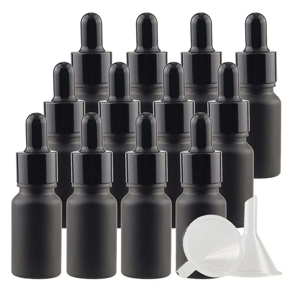 Opakowanie 24 butelek z zakraplaczem z matowego czarnego szkła o pojemności 15 ml, ze szklaną pipetą, małe olejki eteryczne, aromaterapia, mieszanki, fiolki, czarna metalowa nasadka w zestawie