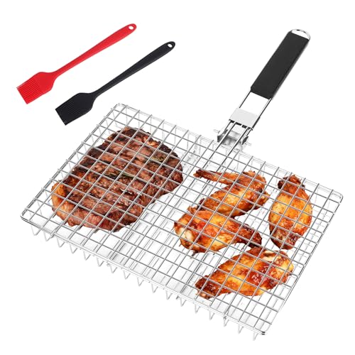 Grillkorb Fischbräter,Fisch Grillkorb Edelstahl,Faltbar, Tragbar,Fisch Grillhalter Grillkorb mit 2 Silikonbürste,für Camping & BBQ Fisch, Gemüse, Garnelen
