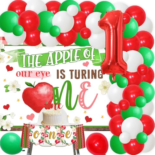 Apple Themed 1st Birthday Party Decorations with the Apple of Our Eye Is Turning One Backdrop High Chair Banner Apple Cake Topper for Baby Shower Fruit 1st Birthday Party Supplies
