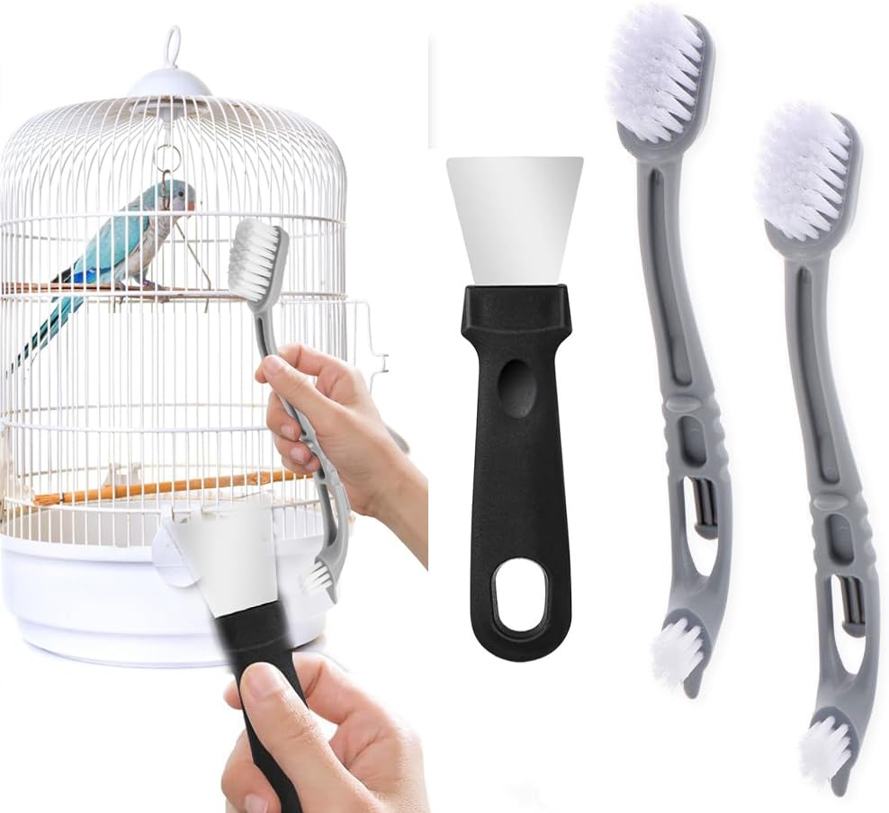 Image of Bird Cage Cleaner with Two Brush Heads Stainless Steel Bird Droppings Cleaning Scraper Long Handle Tool for for Cleaning Bird Parrot Cages Kennels Perches