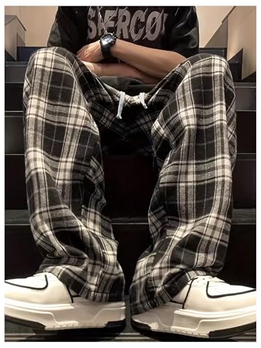 OYOANGLE Men's Plaid Straight Leg Pants Elastic Drawstring Waist Casual Lounge Trousers with Pocket2