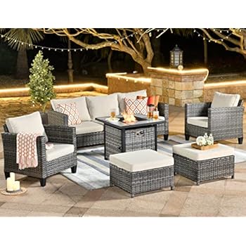 Alternative view of ovios Patio Furniture Set 6 Pieces Outdoor Conversation Set with 30 Inch Gas Fire Pit Table Modern Wicker Rattan Sofa Set with Comfortable Cushion, Ottomans, Beige