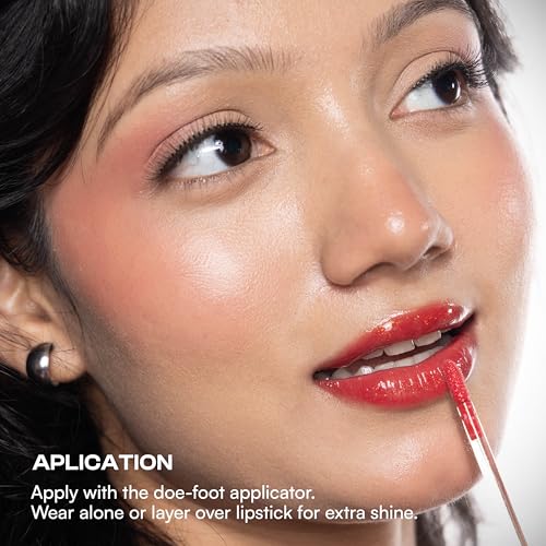 Image of Dream Beauty Solace Lip Gloss | Red with Gold Shimmer | Non-sticky tinted collagen lip gloss with Hyaloronic Acid and Vitamin E for Hydrated, Plump and Smooth Lips | Luxurious Application Long-Lasting Soft and Fuller Lips | 4.7 ml (Rhea)