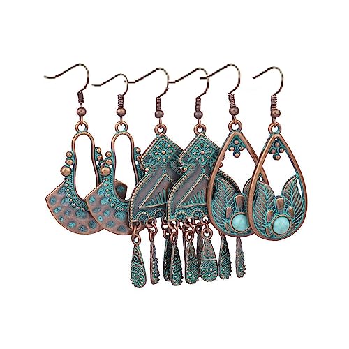Image of Young & Forever Gift 3 Pairs Turquoise Bronze Vintage Earrings Bohemian Statement Earrings for Women Girls Retro Boho Drop Dangle Earrings Set for Women