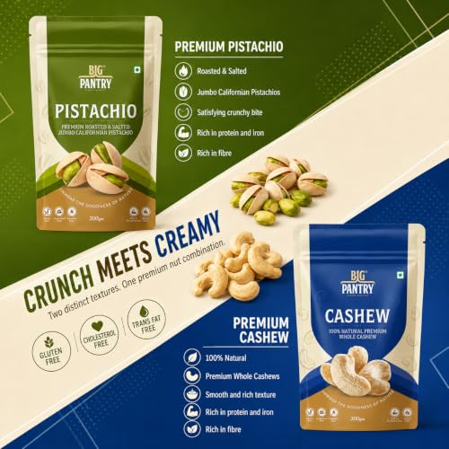 Image of BIG Pantry Rakhi Dry Fruits Gift Combo Pack - Premium Roasted & Salted Pistachios + Whole Cashews, 200g Each | Healthy Festive Gift Hamper for Brother, Sister & Family | Total 400g