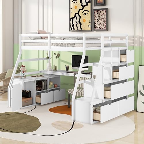 Twin Loft Bed with Desk and Stairs, Wood Loft Beds with Cabinet and 7 Drawers and 2 Shelves High Loft Bed Frame with Step for Kids, Juniors, Teen, Boys, Girls, White